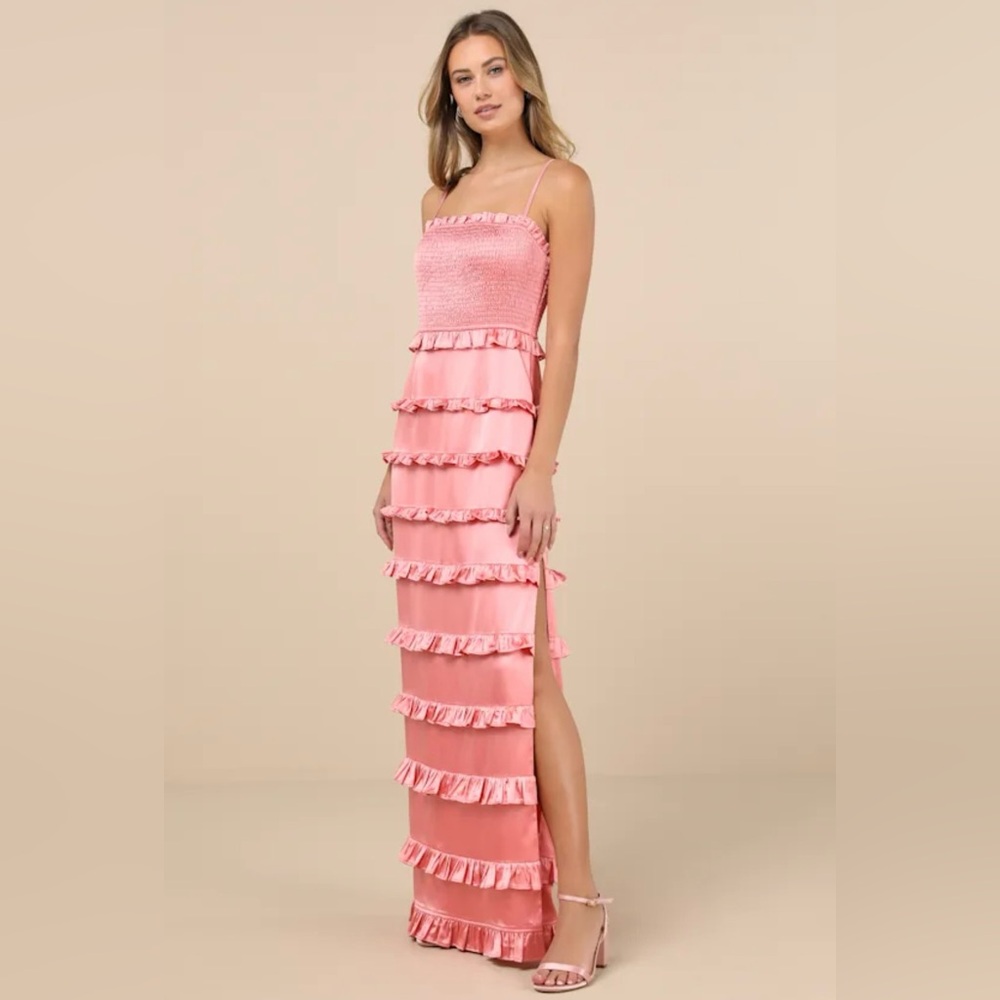 Lulus Sincerely Fabulous Peach Pink Satin Smocked Ruffled Maxi Dress - Size L - Picture 3 of 10